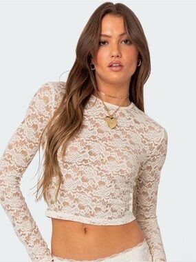 Edikted Cream Lace Long Sleeve Crop Top